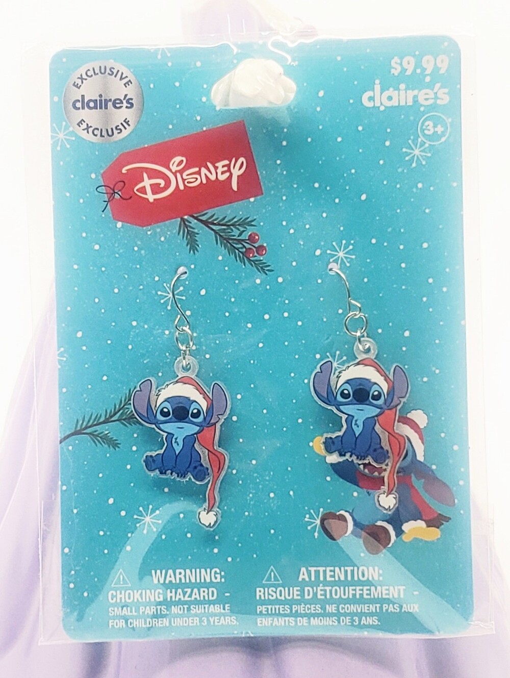 Disney Claires Blue Stitch Holiday Dangle Earrings with Santa Hat